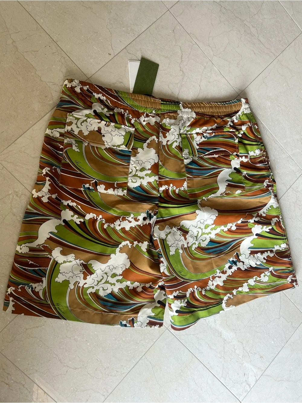 Gucci Brown Green Wave-Print Men's Hybrid Shorts